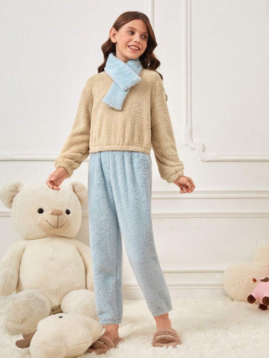 Tween Girl Drop Shoulder Flannel Top & Pants PJ Set With Scarf - Multicolor - View 1