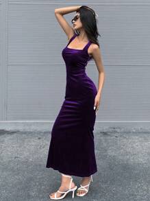 Chiquease Đầm Lộ Lưng Ren lên màu trơn Gợi cảm - Màu tím - Xem 3