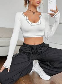 SHEIN EZwear 頂針缺口領短款T恤 - 白色 - 查看 5