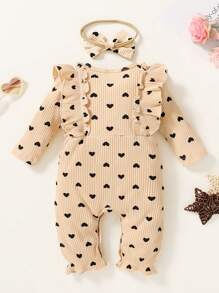 2pcs Set Casual Elegant Sweet Cute Baby Girl Autumn Outfit, Front Bow Half-Placket Ruffle Heart Print Romper And Headband