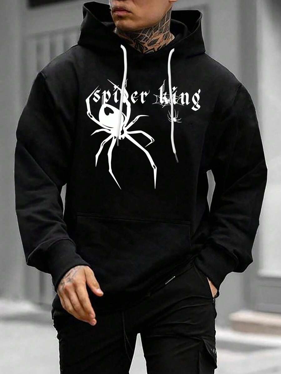 Manfinity LEGND Nam Nhện & Đồ họa Chữ cái Túi kangaroo Dây rút Hoodie - màu đen - Xem 1