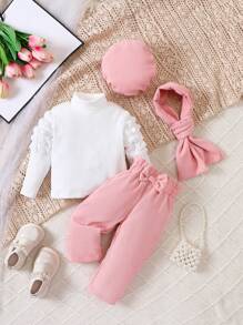 Baby Girl Mock Neck Tee & Bow Front Pants & Hat & Scarf