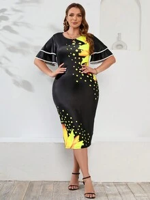 SHEIN Clasi Plus Geo Print Butterfly Sleeve Bodycon Dress - Black - View 4