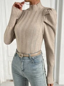 EMERY ROSE 高领羊腿袖针织套头衫秋冬毛衣 - 卡其色 - 查看 7