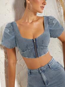 Denimoi Puff Sleeve Zip Up Crop Fashion Denim Top - Grey - View 1