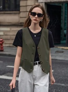 SHEIN Solid Button Front Waistcoat Without Tee - Army Green - View 3