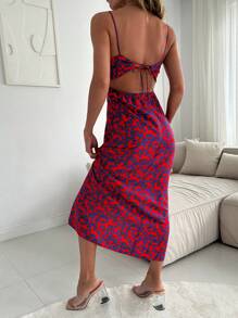 EURMUSE Ditsy Floral Split Thigh Cami Dress - Red - View 2