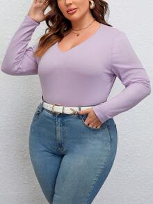 SHEIN Clasi 大碼素色V領T恤 - 紫色 - 查看 4