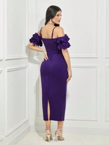 Modelyn Cold Shoulder Scallop Edge Split Back Bodycon Dress Without Belt - Violet Purple - View 2