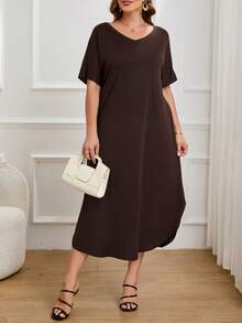 SHEIN Essnce Plus Solid Hidden Pocket Split Hem Dress - Coffee Brown - View 6