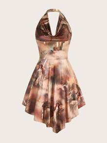 SHEIN ICON 人像圖案前垂褶繞頸露背洋裝 - 彩色 - 查看 8