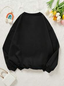 Tween Girl Casual Floral Print Long Sleeve Sweatshirt, Suitable For Autumn/Winter - Black - View 2