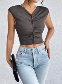 SHEIN Unity Ruched Front Crop Tank Top - Dark Grey - View 6