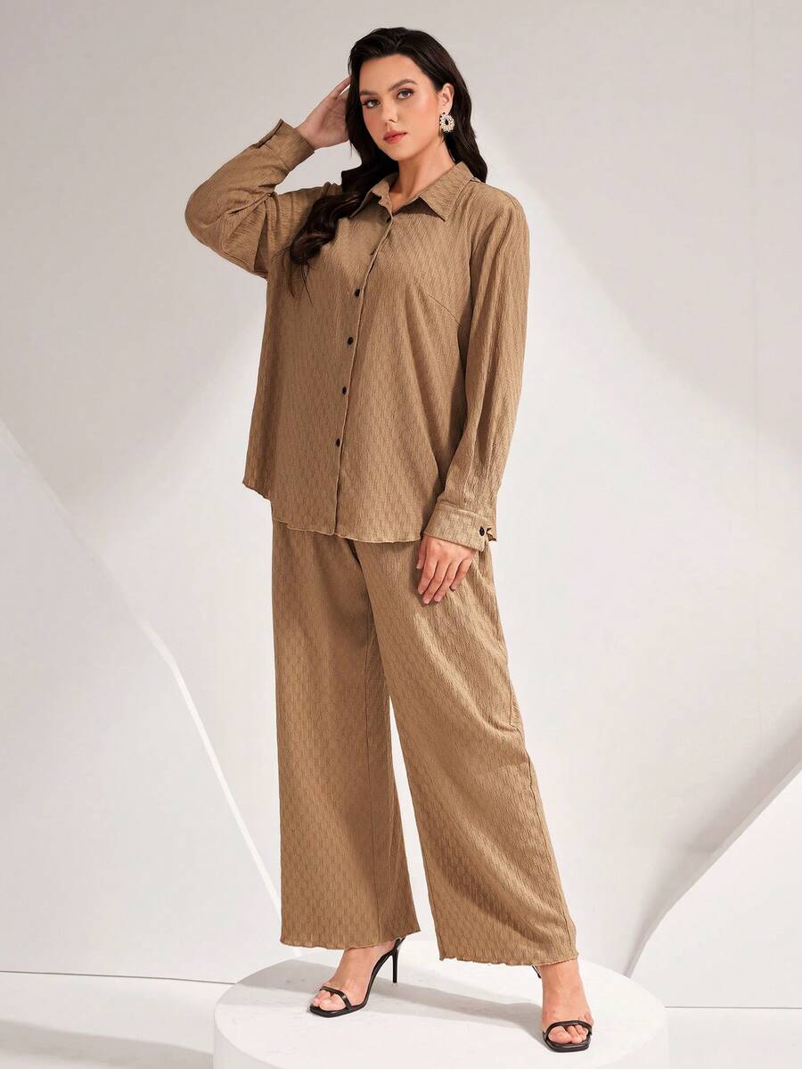 Mulvari Plus Solid Button Front Shirt & Wide Leg Pants - Khaki - View 1