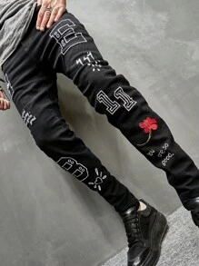 Manfinity 男士棉花卉和字母刺繡牛仔褲 - 黑色 - 查看 5