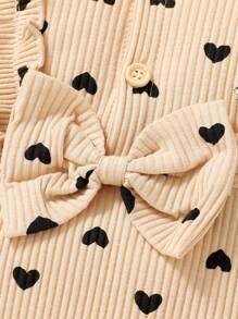 2pcs Set Casual Elegant Sweet Cute Baby Girl Autumn Outfit, Front Bow Half-Placket Ruffle Heart Print Romper And Headband