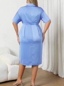 SHEIN Clasi Plus Lapel Neck Ruched Split Thigh Satin Dress - Blue - View 2