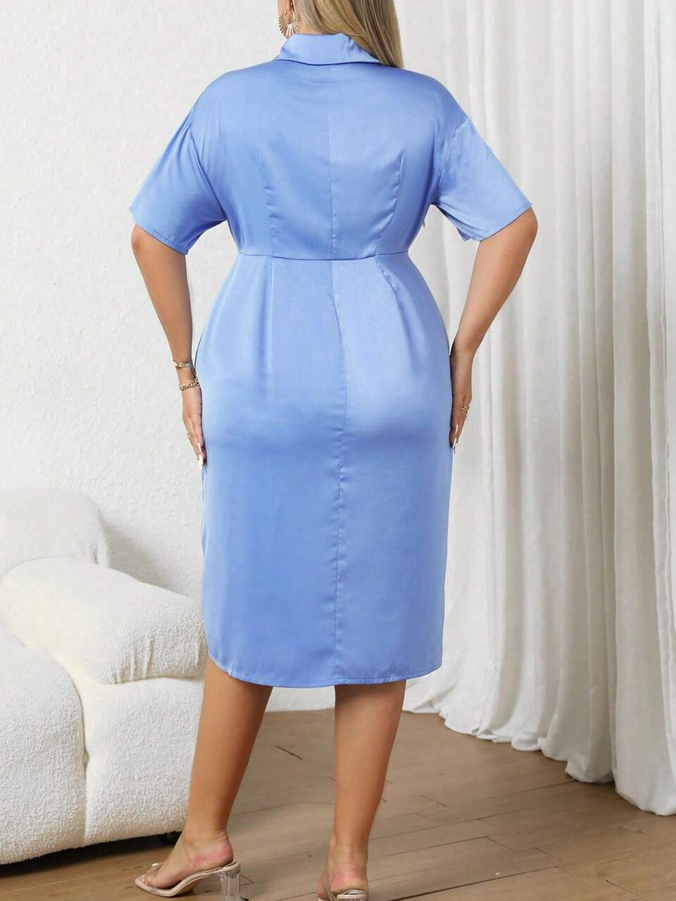 Plus Lapel Neck Ruched Split Thigh Satin Dress