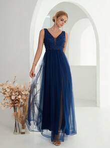 Contrast Sequin Mesh Bridesmaid Dress - Royal Blue - View 1