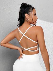 SHEIN Sports Solid Crisscross Backless Crop Sports Bra - White - View 2