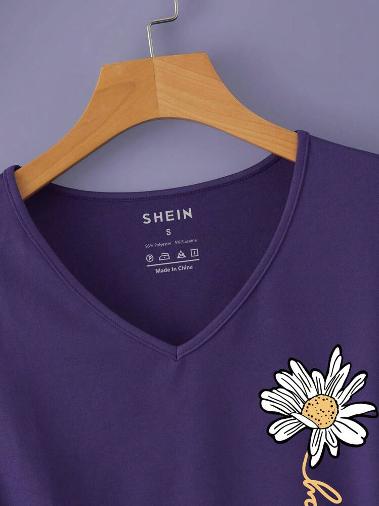 INAWLY מכתב פרחוני קז'ואל חולצת טי - סגול סיגלית - ראה 4