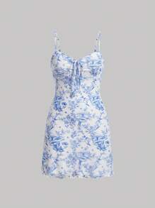 SHEIN MOD Floral Print Drawstring Front Cami Dress - Blue - View 1