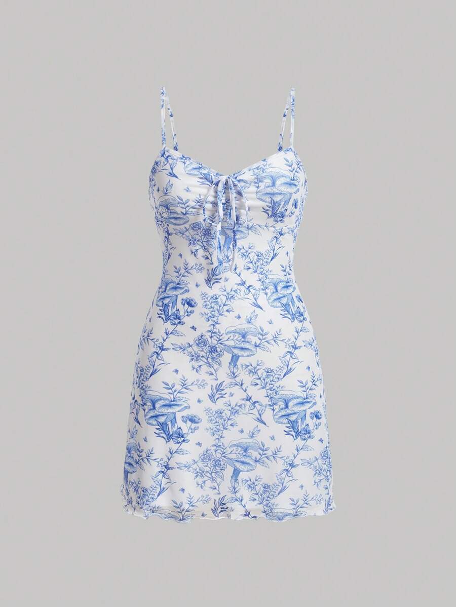 SHEIN MOD Floral Print Drawstring Front Cami Dress - Blue - View 1