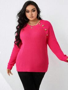Celure Plus Button Detail Raglan Sleeve Sweater - Hot Pink - View 4