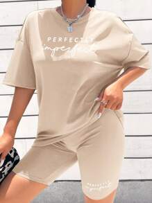 SHEIN LUNE Letter Graphic Drop Shoulder Tee & Biker Shorts - Khaki - View 5