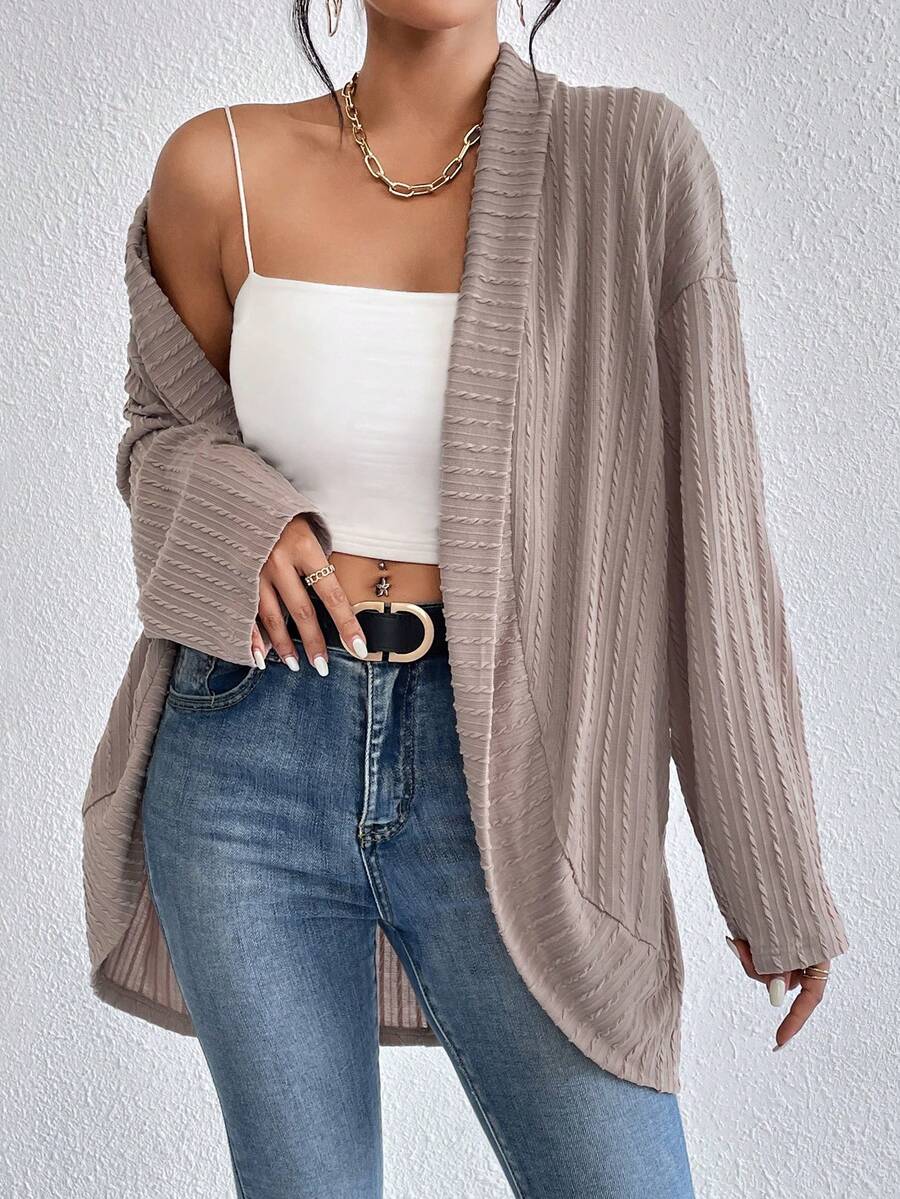 SHEIN Essnce 落肩袖開門襟條紋針織外套 - 杏色 - 查看 1