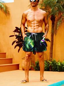 Surfspeed Men Eagle Print Drawstring Waist Swim Trunks