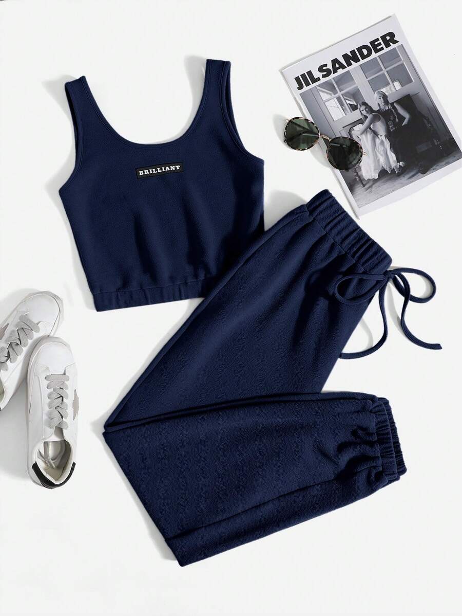 Mulvari Letter Graphic Tank Top & Sweatpants 2 Piece Set - Navy Blue - View 1