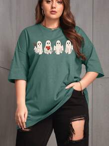 SHEIN EZwear Plus Cartoon Print Drop Shoulder Tee - Dark Green - View 1
