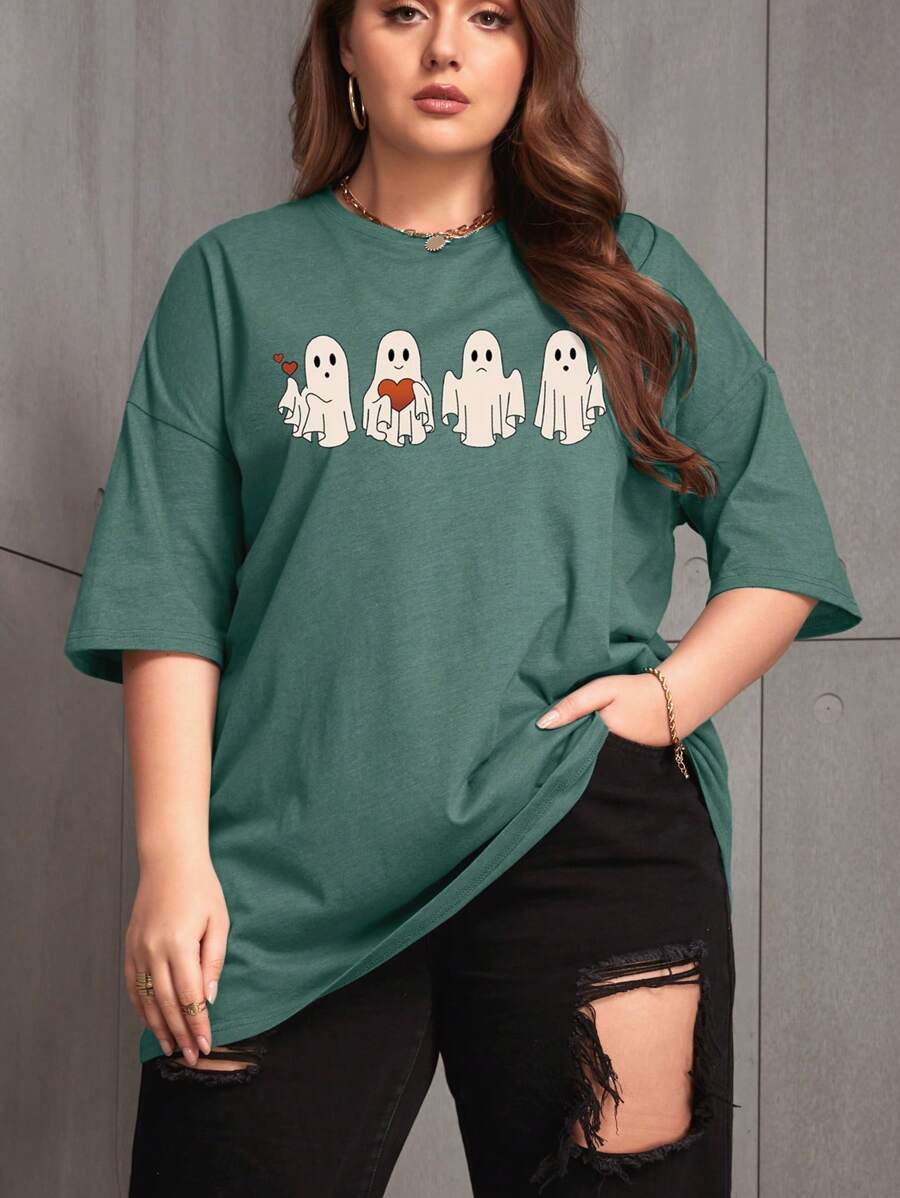 SHEIN EZwear Plus Cartoon Print Drop Shoulder Tee - Dark Green - View 1