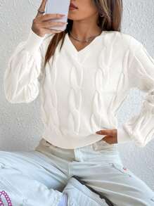 SHEIN Essnce 麻花編織燈籠袖套頭毛衣 - 白色 - 查看 1