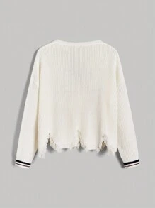 SHEIN MOD 條紋飾邊落肩袖前紐扣開襟衫 - 米色 - 查看 2