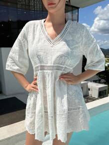 DAZY 刺绣细节罩衫连衣裙，适合夏季海滩度假 - 白色 - 查看 5