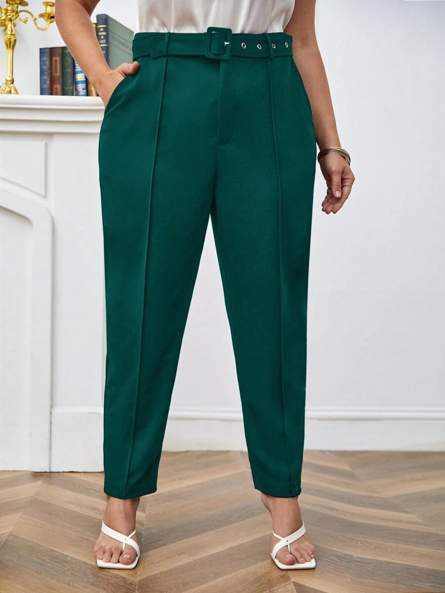 SHEIN Frenchy 大碼素色斜口袋腰帶西裝褲 - 墨綠色 - 查看 1