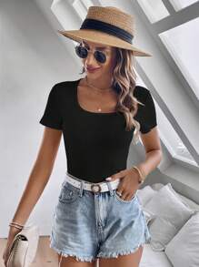 SHEIN Clasi Solid Scoop Neck Ribbed Knit Tee - Black - View 3