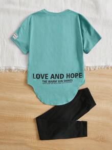 SHEIN Garota pré-adolescente Detalhe da Letra Remendada Bainha Curvada Camiseta & Perneiras