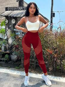 Hollow Out Wideband Waist Sports Leggings - Burgundy - View 5