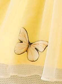 SHEIN 女嬰蝴蝶圖案肩部蝴蝶結網紗覆蓋吊帶洋裝 - 黃色 - 查看 6