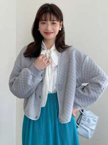 FRIFUL Solid Drop Shoulder Quilted Jacket,Fall Clothes - Dusty Blue - View 2