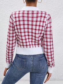 SHEIN Essnce Mô hình Gingham Nút phía trước Áo len Mở - Đỏ và trắng - Xem 2