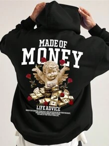 Manfinity EMRG Nam Slogan & In Thiên sứ Túi kangaroo Dây rút Hoodie - màu đen - Xem 1