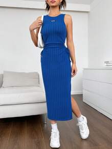 SHEIN EZwear 側抽繩高衩腰部鏤空背心洋裝 - 藍色 - 查看 4