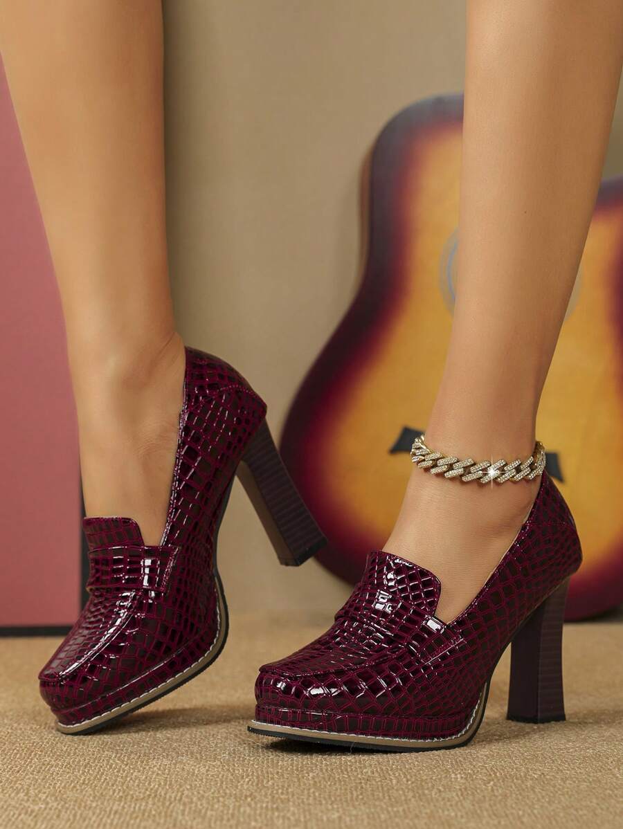 女士木纹粗跟防水厚底方头工作鞋