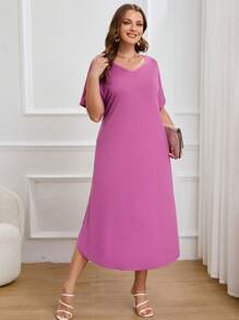 SHEIN Essnce 大碼素色V領開衩袖洋裝 - 紫色 - 查看 5