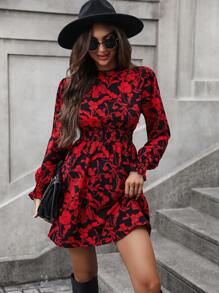 SHEIN LUNE Floral Print Flounce Sleeve Dress For New Year Clothes Fall Cloth For Women - Red - View 6