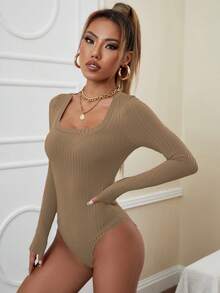 SHEIN PETITE Body unicolor de cuello scoop tejido de canalé - Marrón - Ver 3